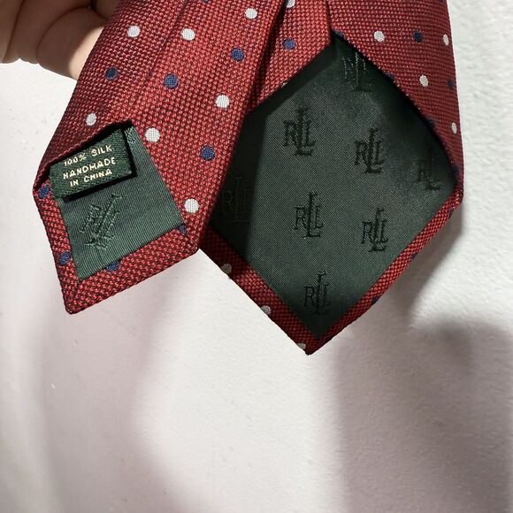 Lauren Ralph Lauren Red Polka Dot Tie 100% Silk Handmade Men’s Classic Neckwear - Picture 7 of 8